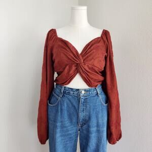 Urban Outfitters Rust Jacquard Twist Front Long Sleeve Smocked Back Crop Top XL